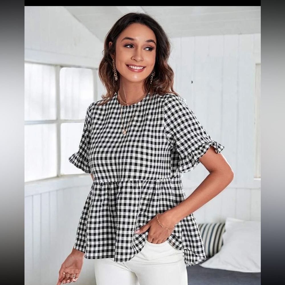 2/$20 gingham peplum short sleeve top black and white print texture medium women